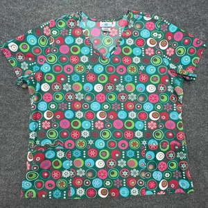 SB SCRUBS Christmas Holiday Top V Neck 3 Pocket XL Polycotton Medical Nurse S/S - Picture 1 of 7