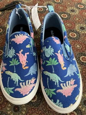 Ребенок ясельного возраста унисекс размер 11 новый с Ярлыками старый темно-синий скольжения на холсте туфли динозавр тема синий - Изображение 1 из 4