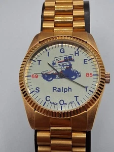 Vintage Anfang 70er Jahre Tighe Scott Neuheit Werbung Armbanduhr goldfarben selten - Bild 1 von 8