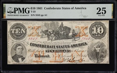 T-23. Confederate Currency. 1861 $10. PMG Very Fine 25. - Image 1 of 2