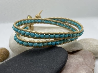 Handmade Turquoise Leather Wrap Bracelet with Czech Glass Button (Eb84) - Image 1 of 4