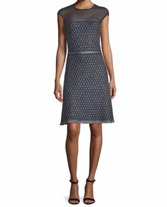 NWT St. John $1295 Cap Sleeve Shimmer Dress Size 12 Black & Silver - Picture 1 of 12