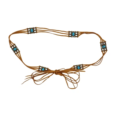 Femme Marron Faux Daim Sud-Ouest Ceinture Or Breloque Bleu Turquoise Perles M L - Photo 1/4