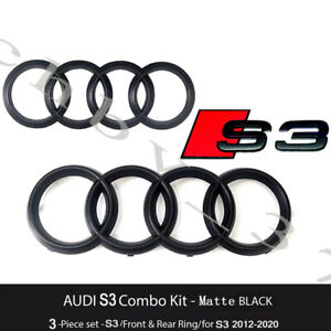 Audi S3 Front Rear Rings Emblem Matte Black Trunk Logo Badge Combo Set 2012-2020