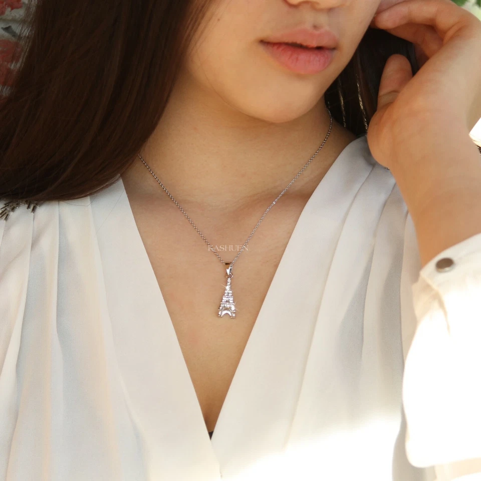 Tiny 3D Eiffel Tower made with Swarovski Crystal France Paris Honeymoon Necklace - Image 1 of 1