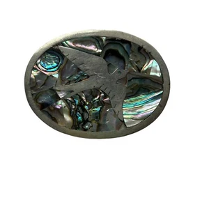Vintage Alabone Shell Silver Large Belt Buckle Dove Bird Hawk Peace Inlaid 1940s - Picture 1 of 11