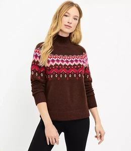 NWT Lou & Grey LOFT Tunic Sweater Fair Isle Mock Neck Size XS Cuban Coffee Brown - Picture 1 of 4