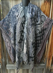 ART TO WEAR WOVEN PAISLEY REVERSIBLE BOHO EARTHY RUANA SHAWL WRAP BY ANU, OS+! - Picture 1 of 4