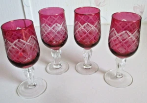 Vintage (4) Bohemian Crystal Ruby Red Cut to Clear 4 1/2" Cordial Glasses - Picture 1 of 5
