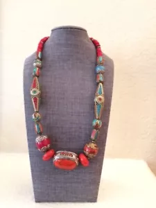 CORAL AND TURQUOISE NECKLACE HANDMADE WITH TIBETAN INLAID BEADS DIFFERENT SHAPE - Picture 1 of 12