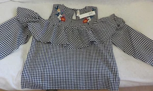 True Destiny Cold Shoulder Blouses NWT Black Plaid Embroider Floral Ruffle Long - Picture 1 of 12