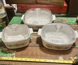 Servizio piatti vintage Corning Ware L Echalote Lo Romanin La Marjoline con coperchi in vetro - Foto 1 di 5