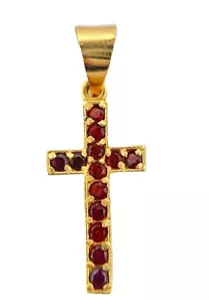 18K Gold Garnet January Birthstone Cross Religious Charm Pendant - Picture 1 of 9