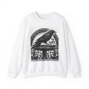 Crow Black Birdbath Sweatshirt, Gothic Bird Design Pullover, Raven Halloween - Picture 1 of 25