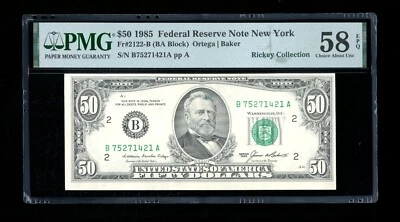 DBR 1985 $50 FRN New York Fr. 2122-B PMG 58 EPQ Serial B75271421A - Image 1 of 2