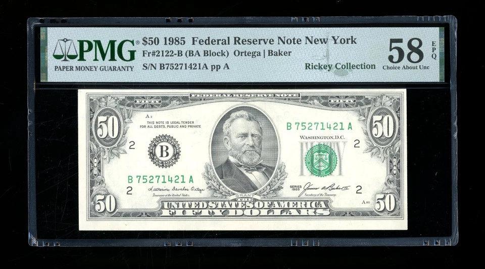 DBR 1985 $50 FRN New York Fr. 2122-B PMG 58 EPQ Serial B75271421A - Image 1 of 2