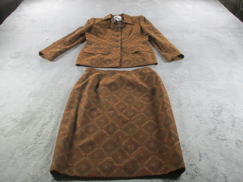 Traje Falda Vintage Oscar De La Renta Mujer 16 Marrón Mezcla Lana Jacquard Años 80 Foto 1 de 4