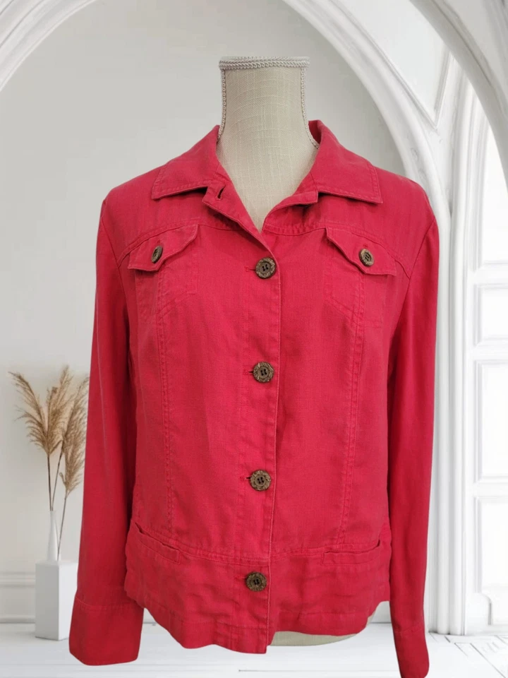 Chaqueta CHICOS Lino Puro Talla 1/Mediana Roja Camionero Manga Larga Abotonada 4 Bolsillos Foto 1 de 4