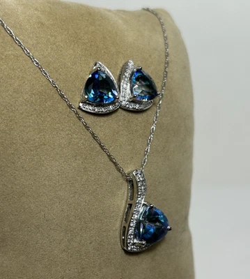 10K WHITE GOLD TRILLION MYSTIC TOPAZ & DIAMOND STUD EARRINGS & 18" NECKLACE SET - Image 1 of 4