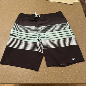 O’NEILL Striped Swimming Beach Board Shorts Mens Size 33 x 11 Black Green EUC - Picture 1 of 11