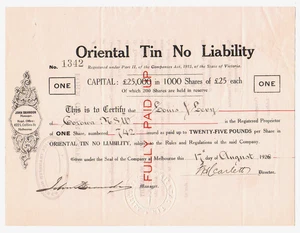 Australia - Share Scrip. 1928 Oriental Tin N/L.. Queensland - Picture 1 of 1