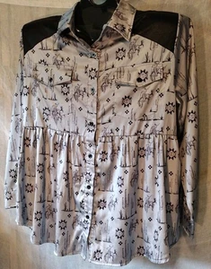 Two 2 Fly Gray Satin Western Style Print Button Down Top Babydoll Rodeo Size L - Picture 1 of 15