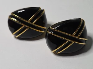 St John Earrings Black Enamel Gold Tone Clip On Vintage Classic Retro 1" TD1 - Picture 1 of 7