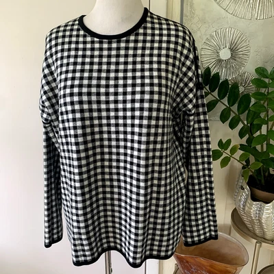 NUEVO SIN ETIQUETAS J.Jill Reversible Mezcla Algodón Negro/Blanco Cuadros Gingham Suéter Talla L Foto 1 de 4