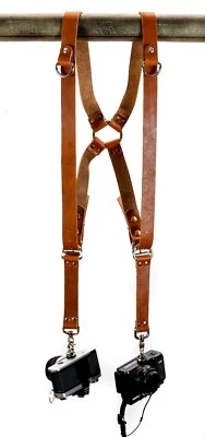Leather Dual Camera Harness Tan Saddle Ring Back Alternative Streetwear Style - Image 1 of 2