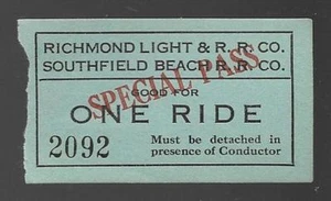 Billete de pasajero Richmond Light RR Co & Southfield Beach RR - Imagen 1 de 2