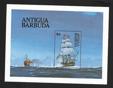 MNH 1984 Antigua & Barbuda Man 'O War Ship Souvenir Mini Sheet Scott # 749 Stamp Cover