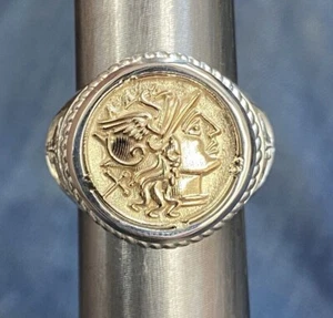 Roman Coin Style Two Tone 14K Solid Gold & Silver Caduceus Ring - Picture 1 of 10