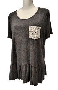 P.S. Kate Blouse Size 3XL Short Sleeve Gray Shirt, White Lace Pocket Button Back - Picture 1 of 10