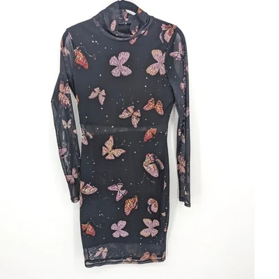 Y2K 连衣裙女式中号黑色网眼蝴蝶天体长袖迷你 90 年代 — 第 1/4 张图片