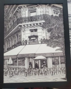 Vintage 2006 drawing of Les Deux Magots On Canvas, Framed, and Signed - Picture 1 of 13