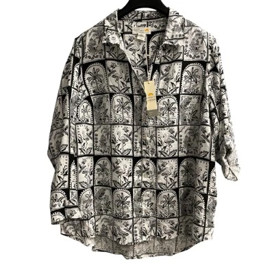 C & C California Top Womens 1X Black Linen Button Down Tropical Jungle Print - Image 1 of 4