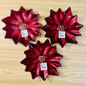 Pier 1 Imports Christmas Holiday Poinsetta 8” Fused Glass Plates Dish Red Gold-3 - Picture 1 of 6