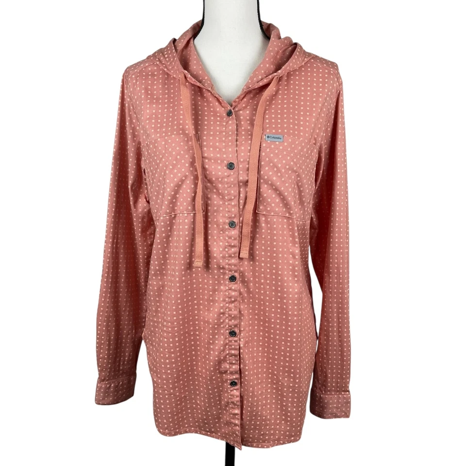 Женская рубашка Columbia средний размер коралл персиковый с капюшоном рулон вкладка рукав в горошек топ - Изображение 1 из 4