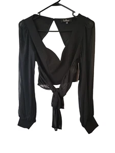 Lulus Size XS Womens Crop Top Black Sheer Long Sleeve V Neck Open Back NWT - Picture 1 of 6