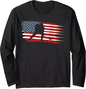 Hockey USA Flag American Flag Patriotic Ice Hockey Long Sleeve T-Shirt - Picture 1 of 7