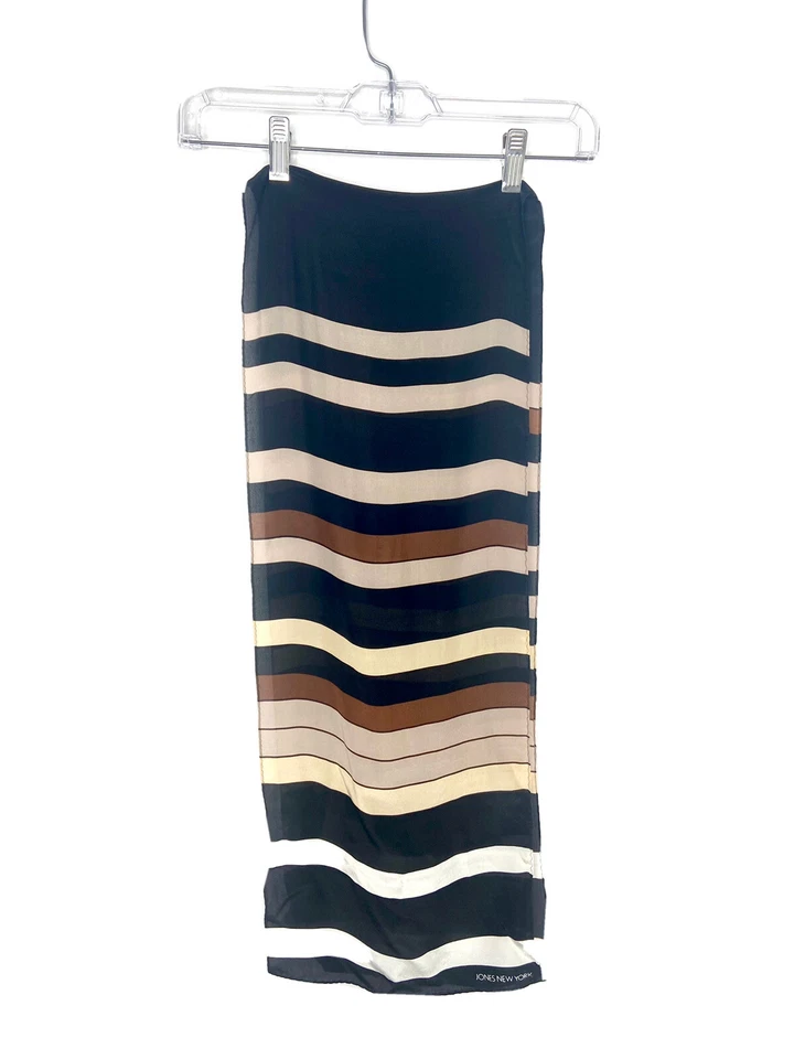 "Bufanda de seda a rayas multicolor beige negro marrón de colección Jones New York 10"x 57""" Foto 1 de 4