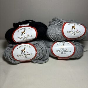 Plymouth Yarn Baby Alpaca D.K. Yarn 4 Skeins @ 50 Grams Each 3 Gray 1 Black