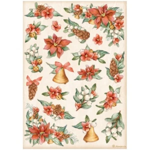 PAPEL ARROZ Stamperia A4 - TODO ALREDEDOR DE NAVIDAD - POINSETTIA Y CAMPANAS, Navidad - Imagen 1 de 1