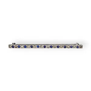 Antique Sterling Bar Brooch Blue White Paste Gems Edwardian 925 Silver 1900s - Picture 1 of 12