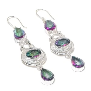 Mystic Topaz Gemstone Handmade 925 Sterling Silver Jewelry Earring Size 1.9" - Picture 1 of 1