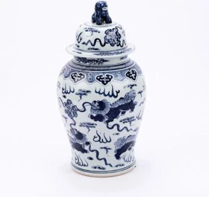 Handmade Blue and White Foo Dog Temple Jar - Picture 1 of 3