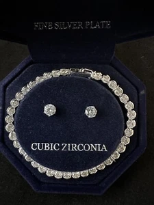 Macy's Cubic Zirconia Bracelet & Stud Earrings Set in Fine Silver Plate $60 - Picture 1 of 4