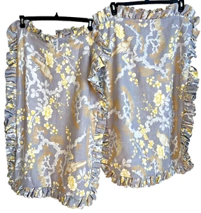 2 handgefertigte Kissenbezüge grau & gelb Blumen & Vögel teurer Leinenstoff 35 Zoll - Bild 1 von 9