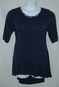 LOGO LORI GOLDSTEIN Navy Sz Large Patriotic Trim Soft Stretchy High Low Tunic - Picture 1 of 4