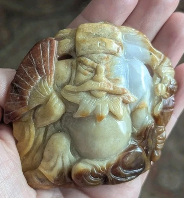 Piedra de jade marrón tallada a mano Cai Shen dios chino de la riqueza Tao arte popular deidad Foto 1 de 4